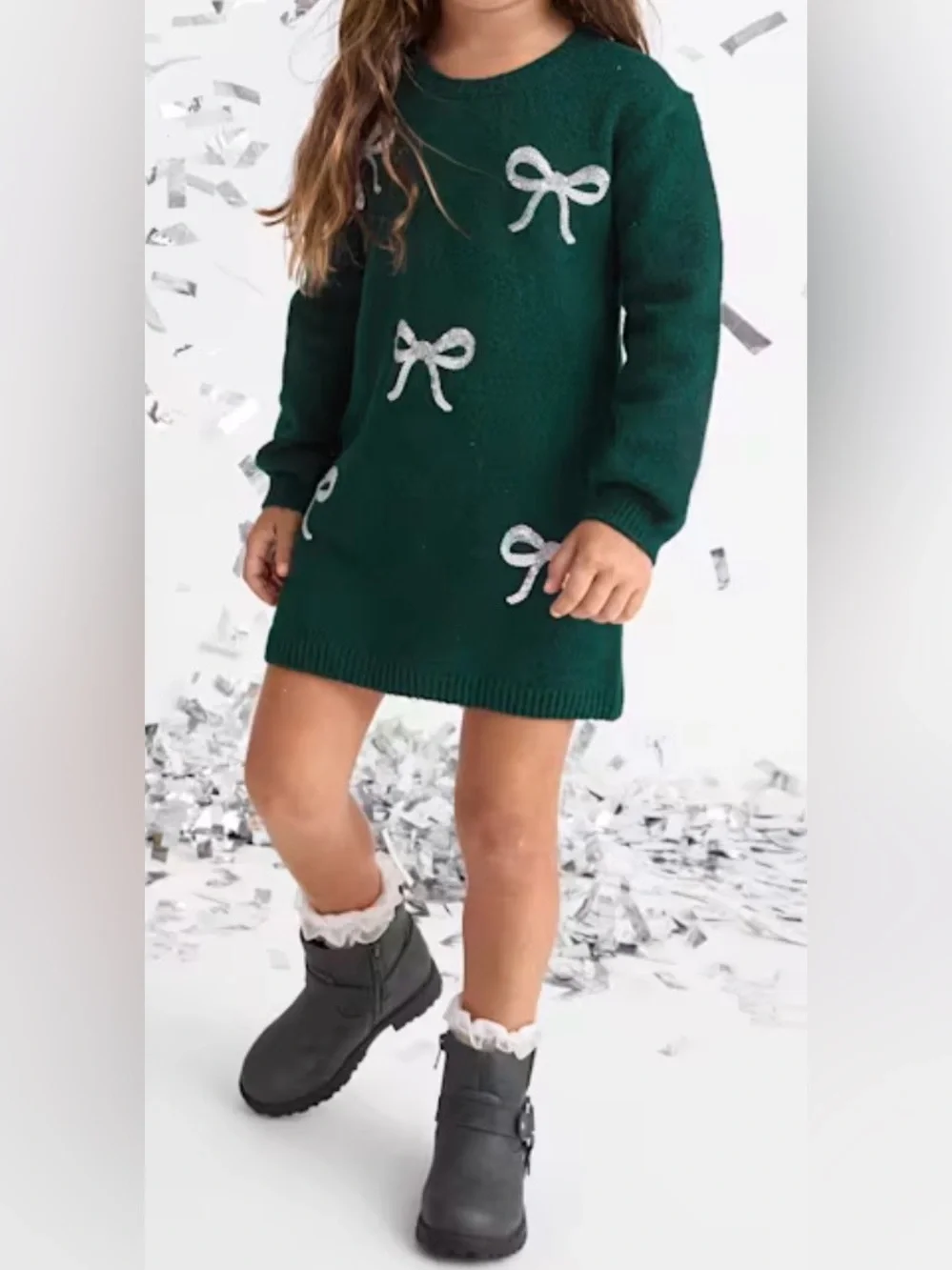The Children's Place Girls 5T Green Long Sleeve Sequence Knit Sweater Dress Bows